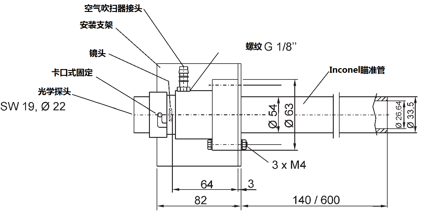 德國DIAS紅外公司,DSF30NG,DSF34NG紅外測溫儀用空氣吹掃器、安裝支架、Inconel瞄準(zhǔn)管尺寸圖